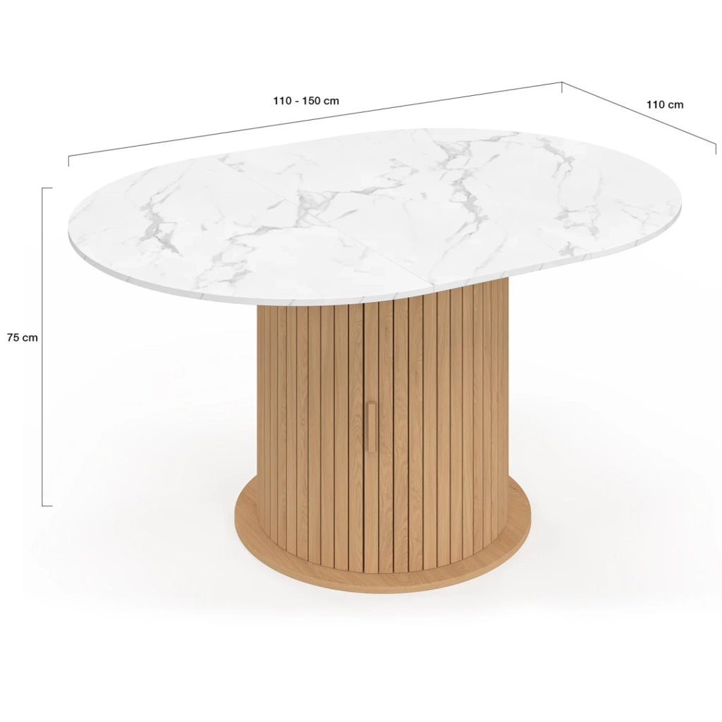 IDMarket - JULIETTE Tavolo da pranzo rotondo allungabile per 4-8 persone con gambe a doghe e piano effetto marmo bianco 110-150 cm
