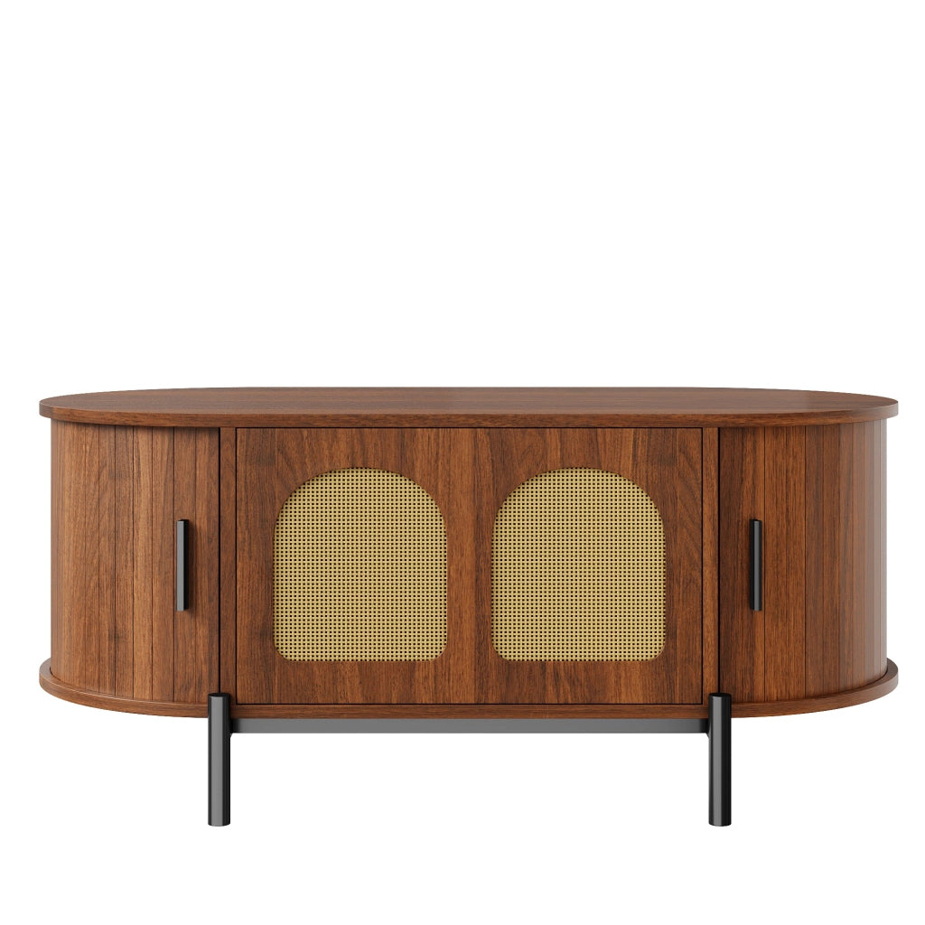 Tavolino basso ovale con ante scorrevoli in rattan e vani contenitore, per soggiorno, in MDF, noce, 100 × 50 × 40 cm
