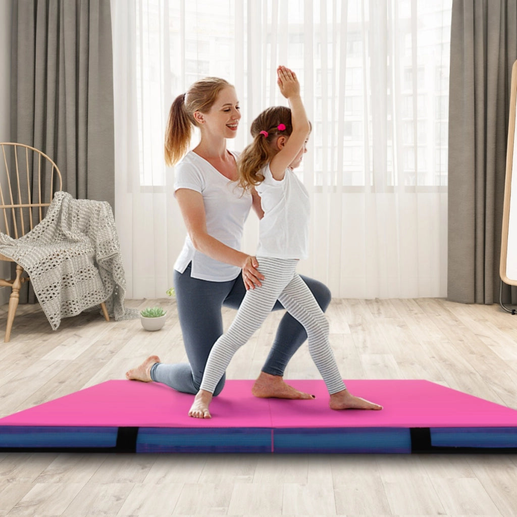 Bi-pieghevole per ginnastica e acrobatica con rivestimento in pelle sintetica e maniglie, Tappetino ginnico pieghevole Rosa