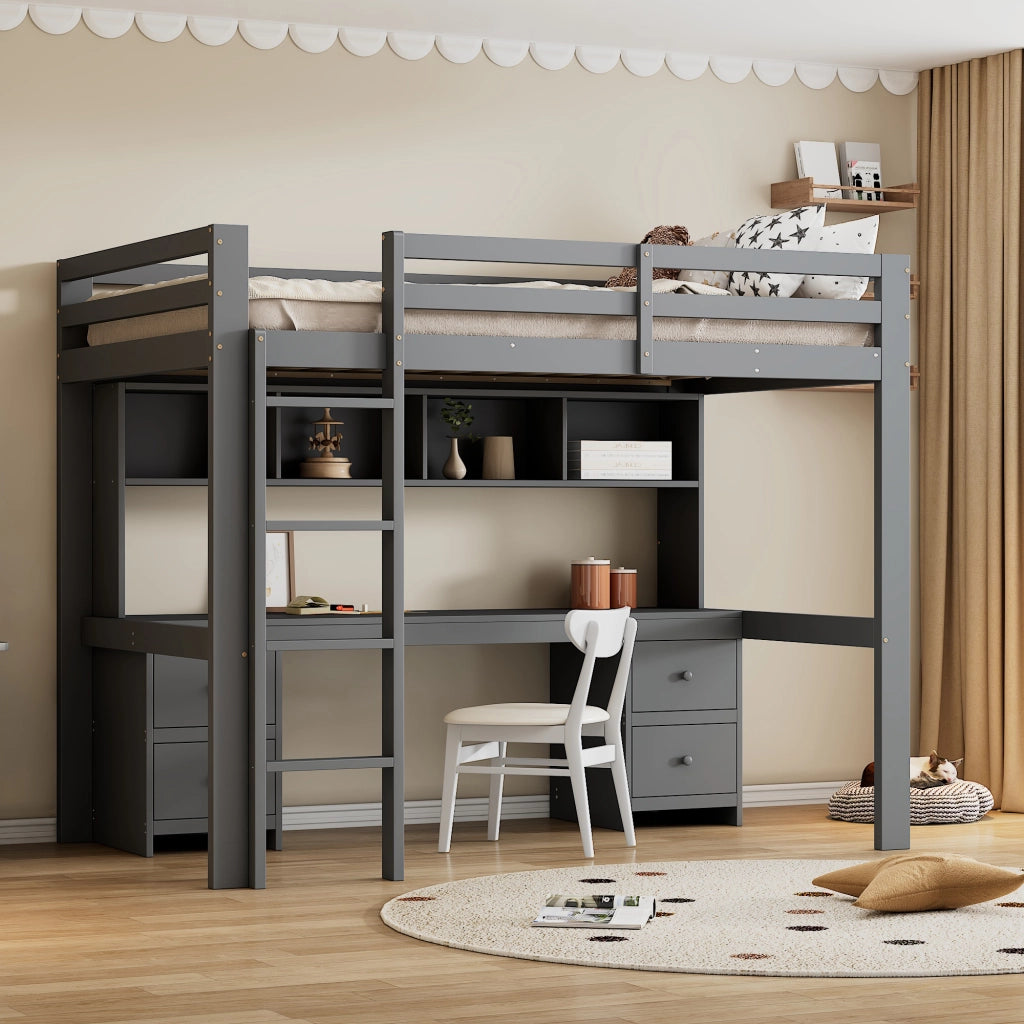 OKWISH Letto a soppalco 90×200 cm, Letto Singolo con Scrivania, 4 Cassetti, 4 Vani e Sponda Alta, senza Materasso, Grigio