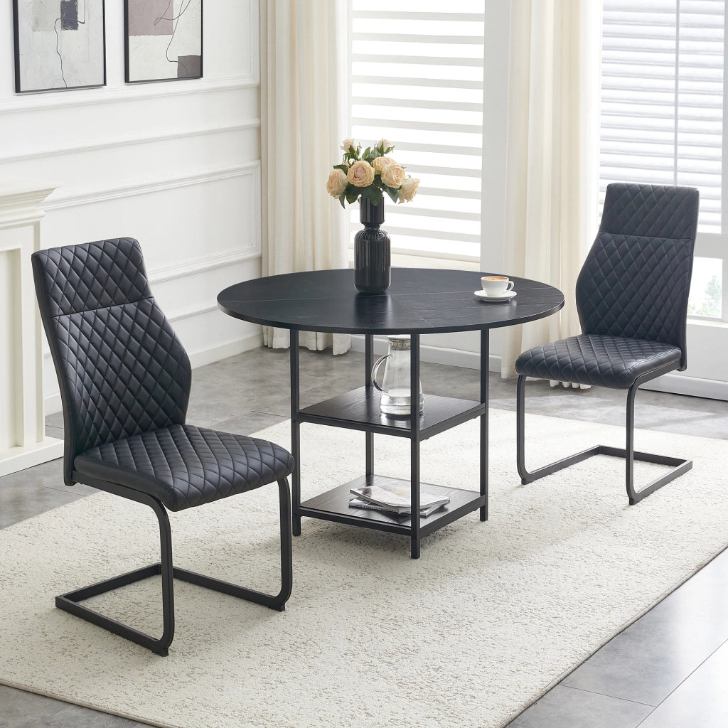 Set tavolo da pranzo e sedie con 1 tavolo rotondo e 2 sedie; doppio ripiano; in MDF e metallo nero