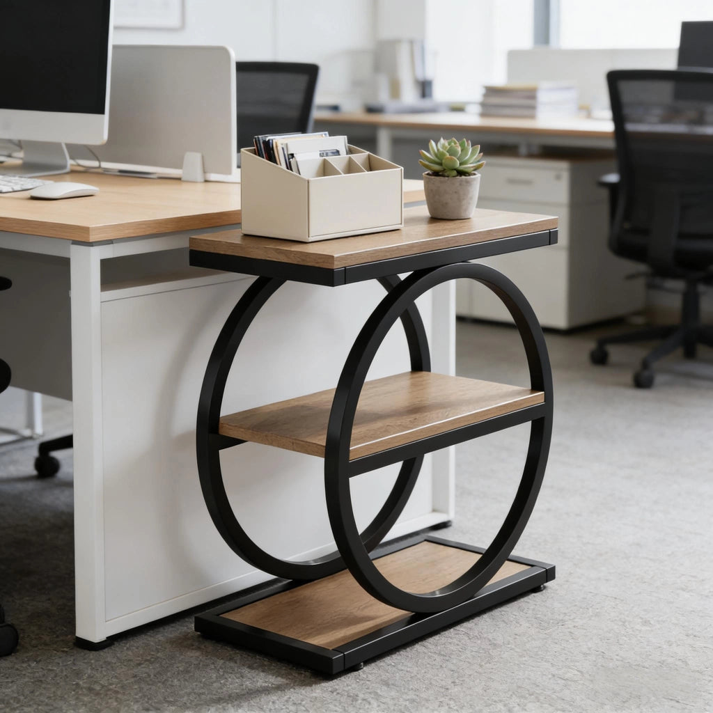 Tavolino basso fisso a 3 ripiani in MDF e metallo nero e marrone per soggiorno e camera da letto 73 × 62 × 12 cm