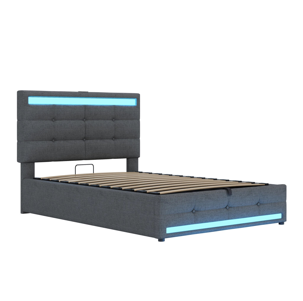 Letto imbottito ULEVR 90x200 cm con LED RGB, 2 porte USB e testiera regolabile, tessuto grigio