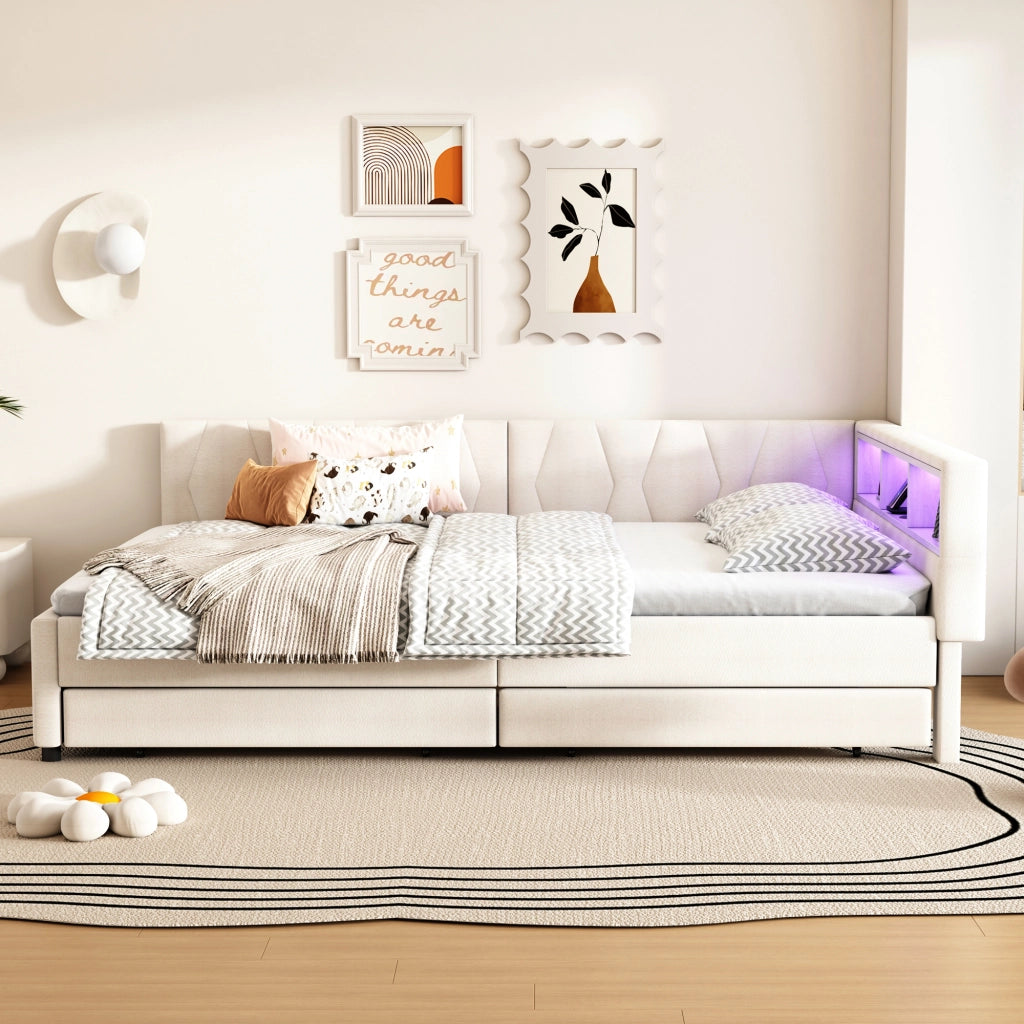 Letto a Divanetto 140x200 cm; USB e Type-C; Luce LED; con Cassetti; in Lino; Beige