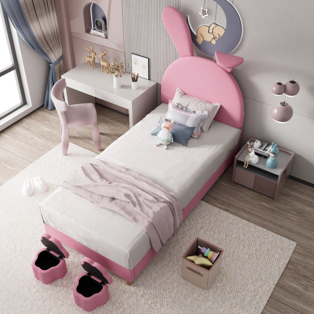 Letto imbottito 90x200 cm con 2 panche contenitore; LED e orecchie pieghevoli; velluto rosa