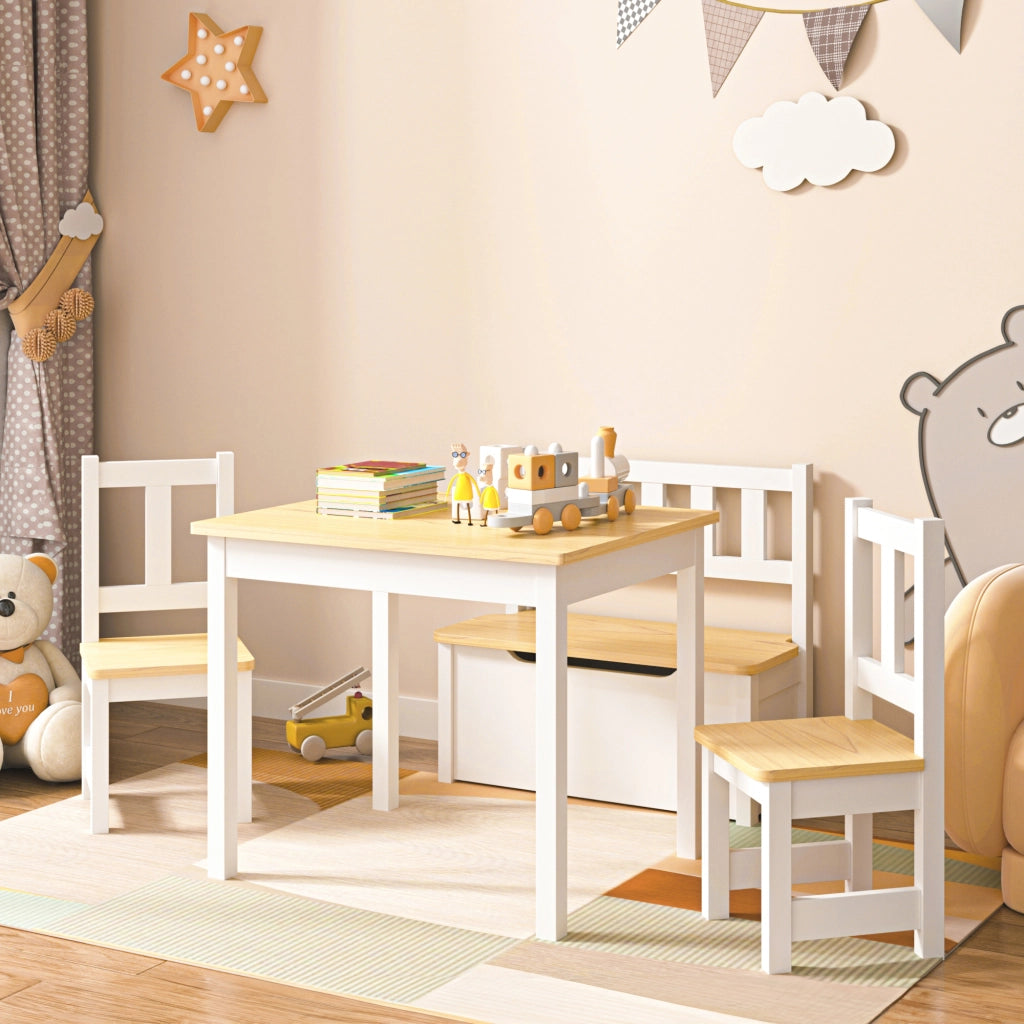Set 'Lousame' Mobili per Cameretta Composto di 1 Tavolo, 2 Sedie e 1 Cassapanca - Bianco/Naturale [en.casa]