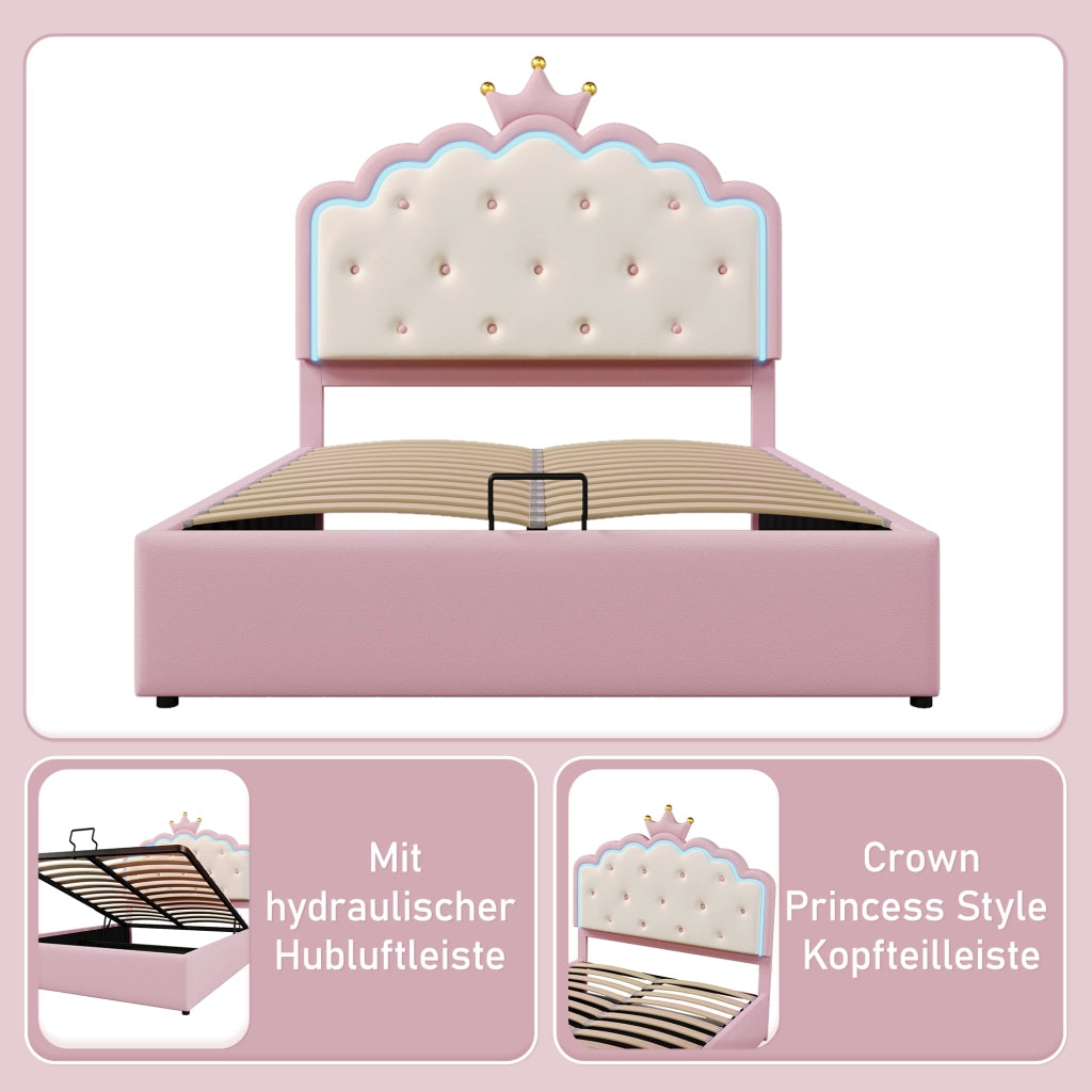 LETTO Imbottito 140x200 cm in PU Rosa con illuminazione LED e contenitore idraulico