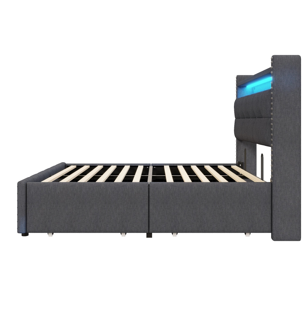 Letto matrimoniale imbottito 160x200 cm con LED, USB, cassetti e rivestimento grigio