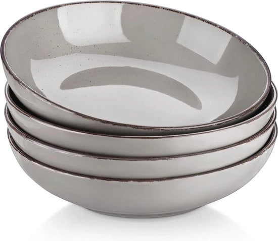 Set di 4 ciotole in ceramica per pasta e piatti da servire - Ciotole di zuppa grigie con bordi dipinti a mano e stile vintage - Capacità di 1,2 litri - Adatto per lavastoviglie e forno a microonde