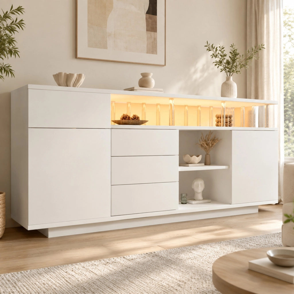 Credenza bianca 160 cm con LED, 4 cassetti e 2 ante