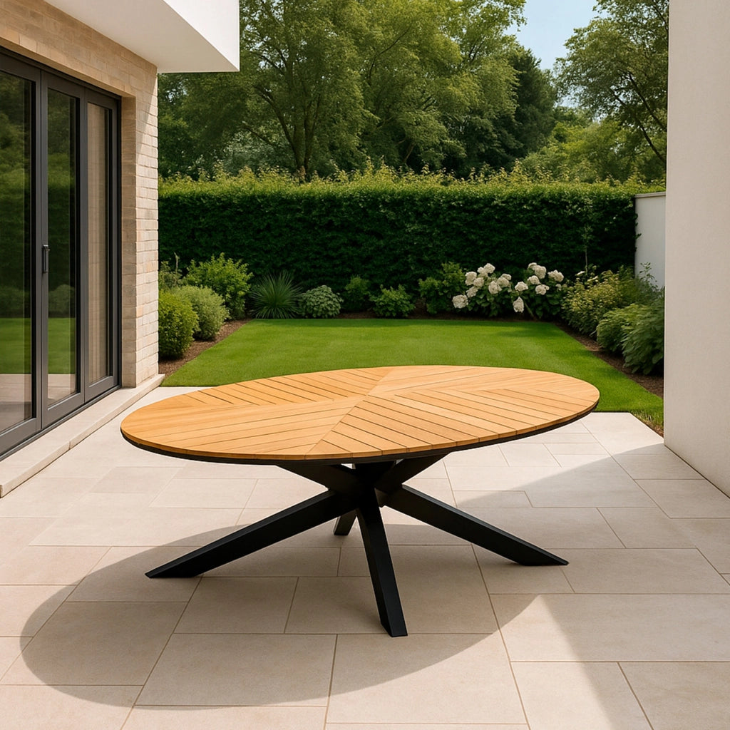 SINED Tavolo da Giardino Ovale in Alluminio Antracite con Piano in Teak FSC® 240x120 ideale per Pranzi allAperto - Modello SUPERGA