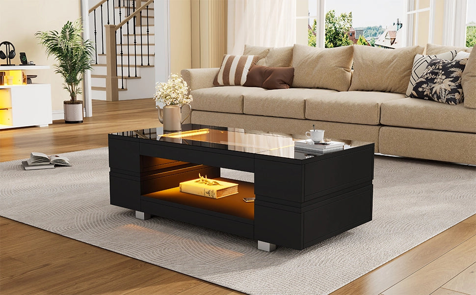 TAVOLINO DA CAFFÈ LED 100x50x35 cm Nero in truciolare e vetro temperato