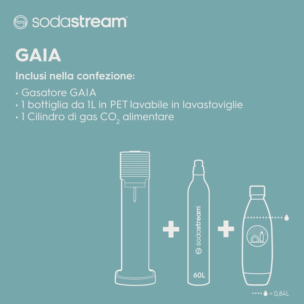 SodaStream 2270276 Gaia Gasatore Acqua Frizzante Bottiglia PET 1L Cilindro CO2 Quick Connect 60L colore Bianco
