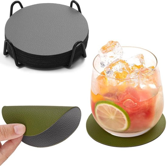 Onderzetters per vetro, set da 12, sottofondi per bicchieri, bicchieri sottofondi, sottofondi per bicchieri, sottofondi antiscivolo, sottofondi in pelle, sottofondi in pelle imitazione, sottofondi pelle look (grigio-verde, a forma rotonda)