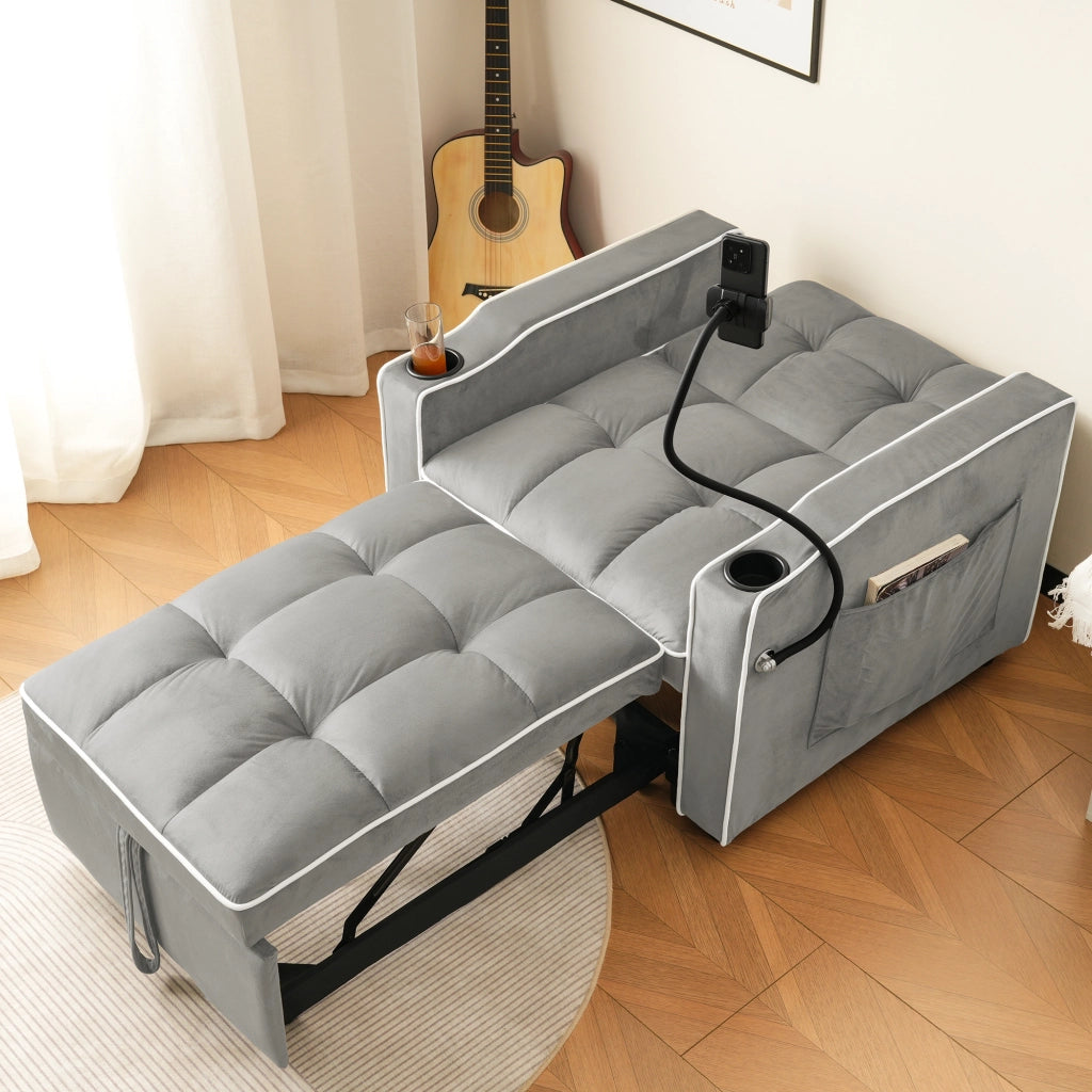Divano letto singolo 3 in 1 - con portabicchieri e porta telefono - in velluto - grigio anticato