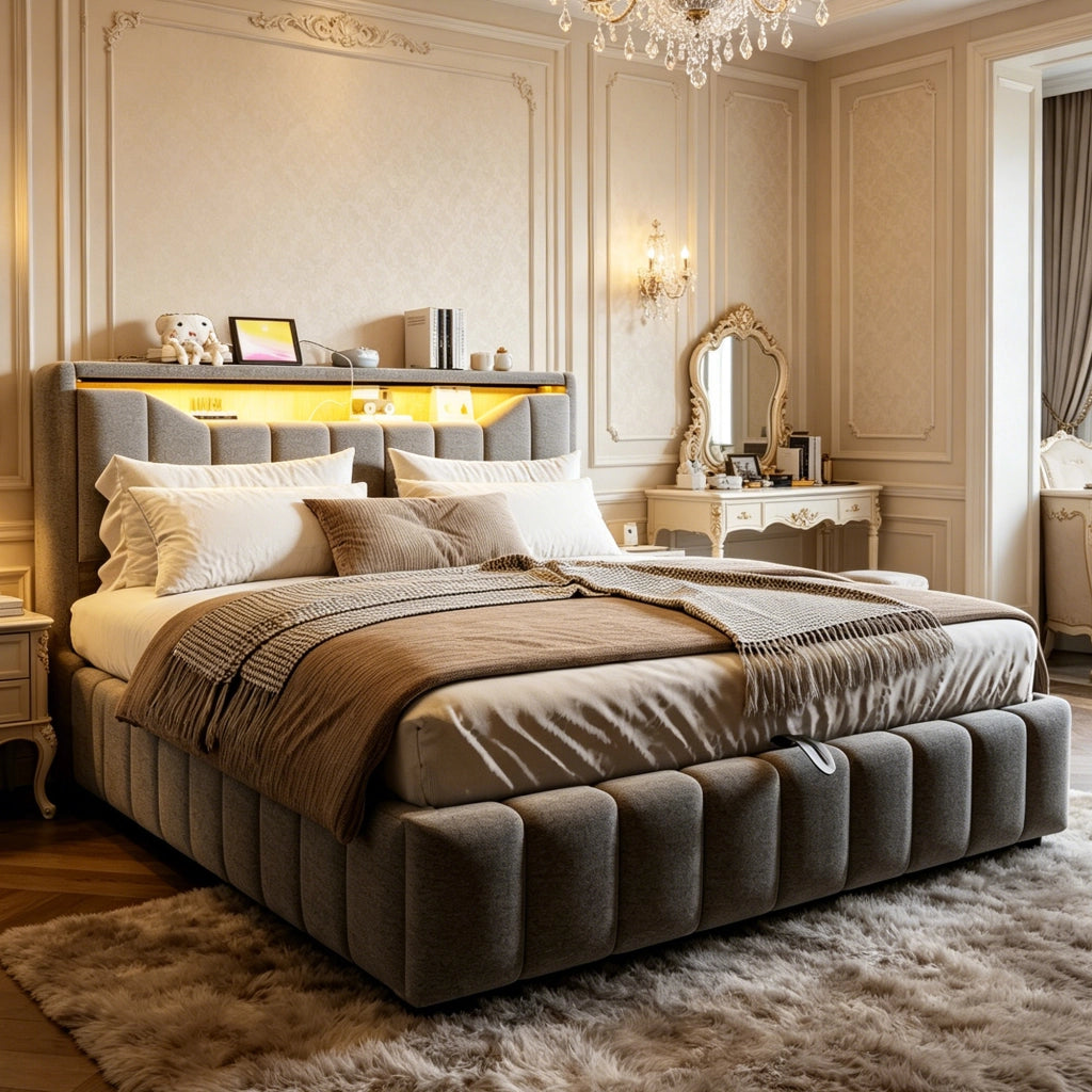 Letto imbottito 180x200 cm con contenitore; LED e USB in tessuto grigio