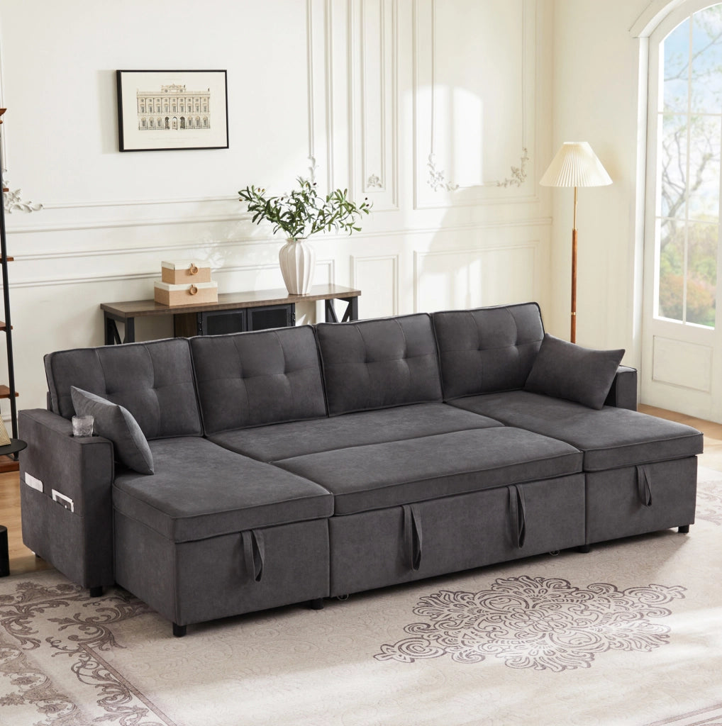 Divano letto a U trasformabile grigio con contenitori, portabevande e cuscini inclusi per riposare