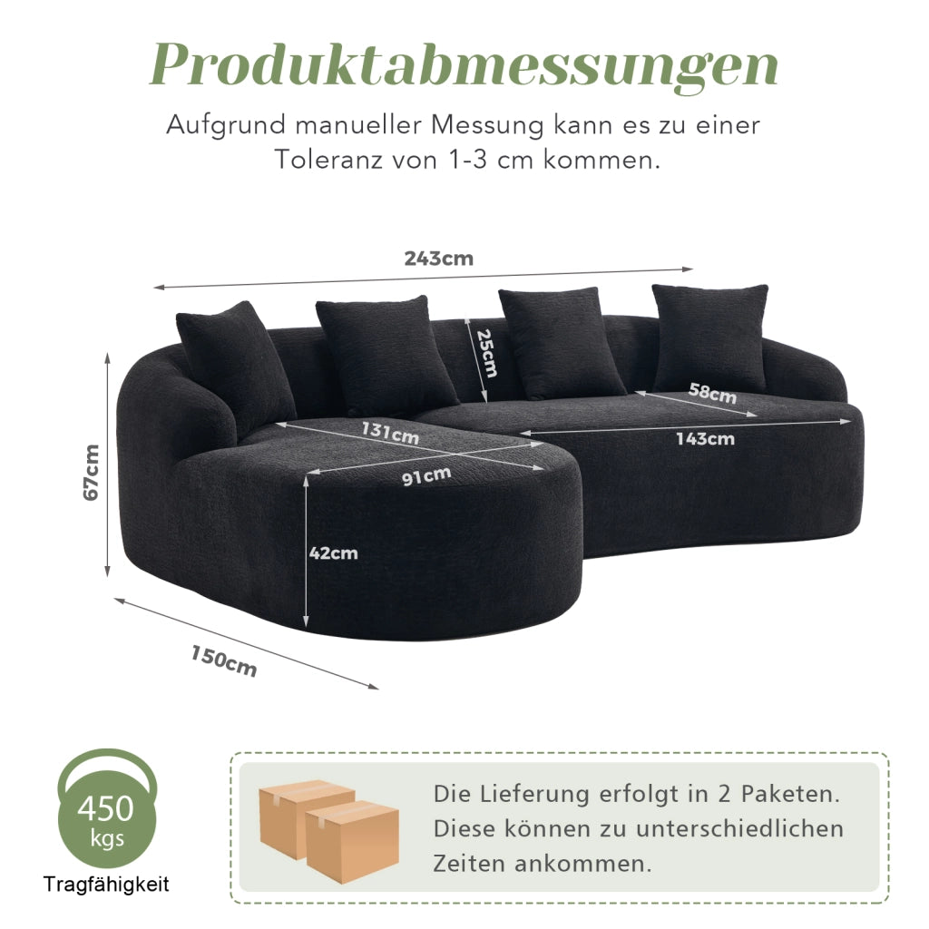 Divano modulare angolare 3 posti con chaise longue sinistra design curvo montaggio senza attrezzi in chenille nero