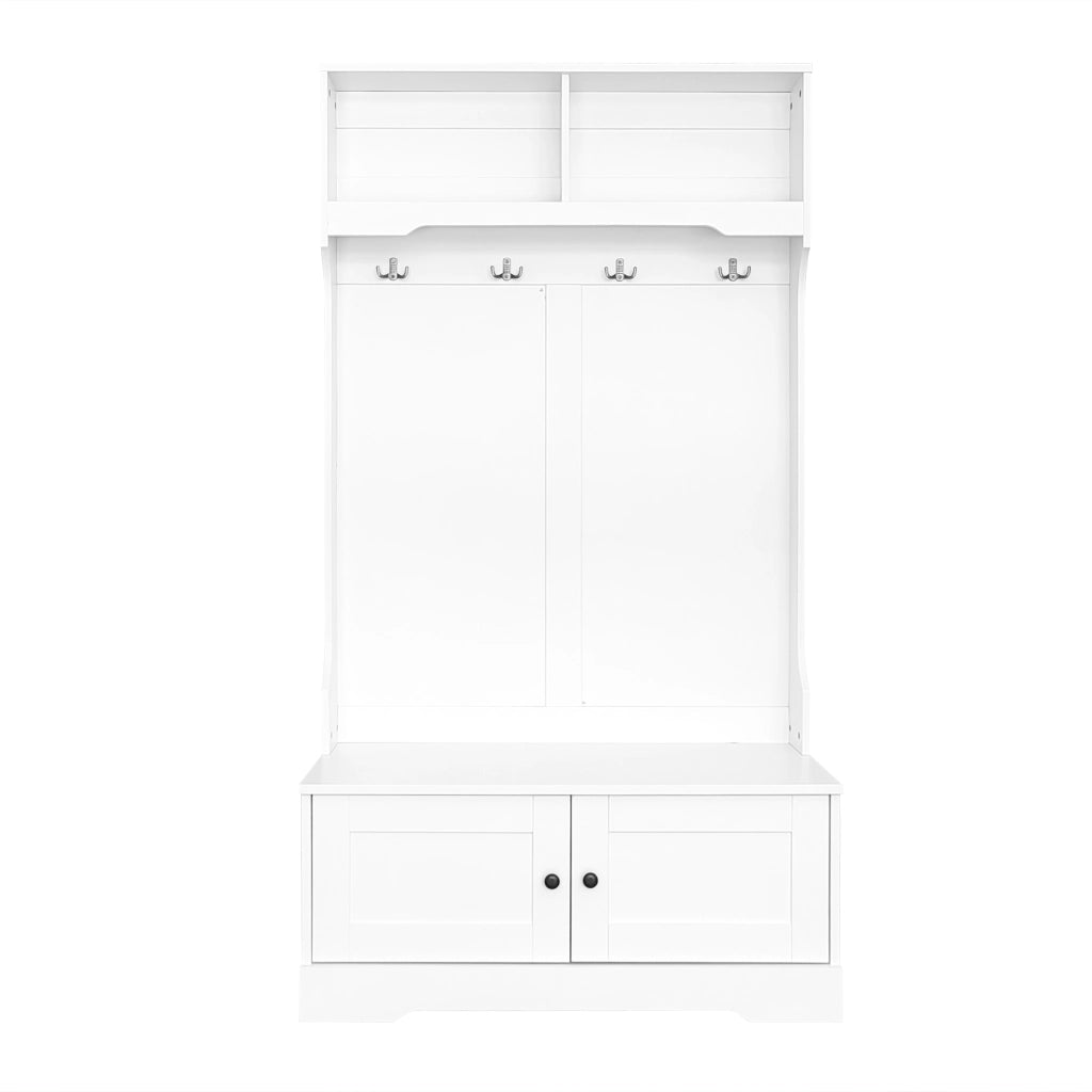 Mobile ingresso con panca; 2 ante; 2 vani aperti e 4 ganci; per ingresso; bianco; 101.5 × 183 cm