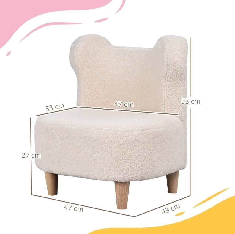 Poltroncina beige per bambini con orecchie da orso, tessuto teddy e piedi in legno