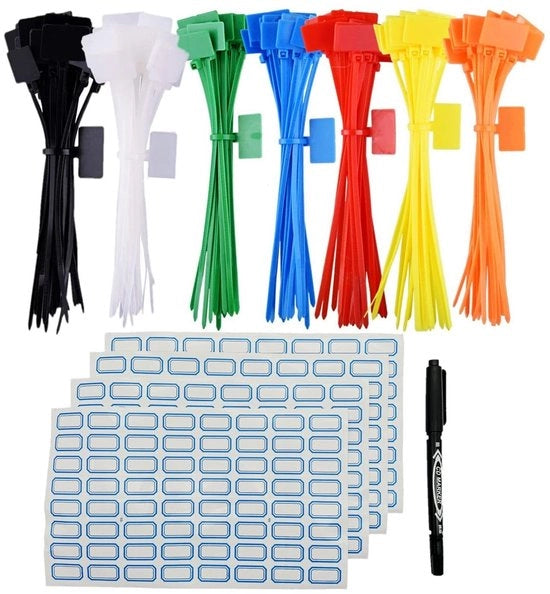 Set di nastri per cavi 250 pezzi - Nylon - Codice colore - Etichette adesive - Gestione dei cavi - Organizzazione - 15cm x 3mm - Cavi avvolgenti