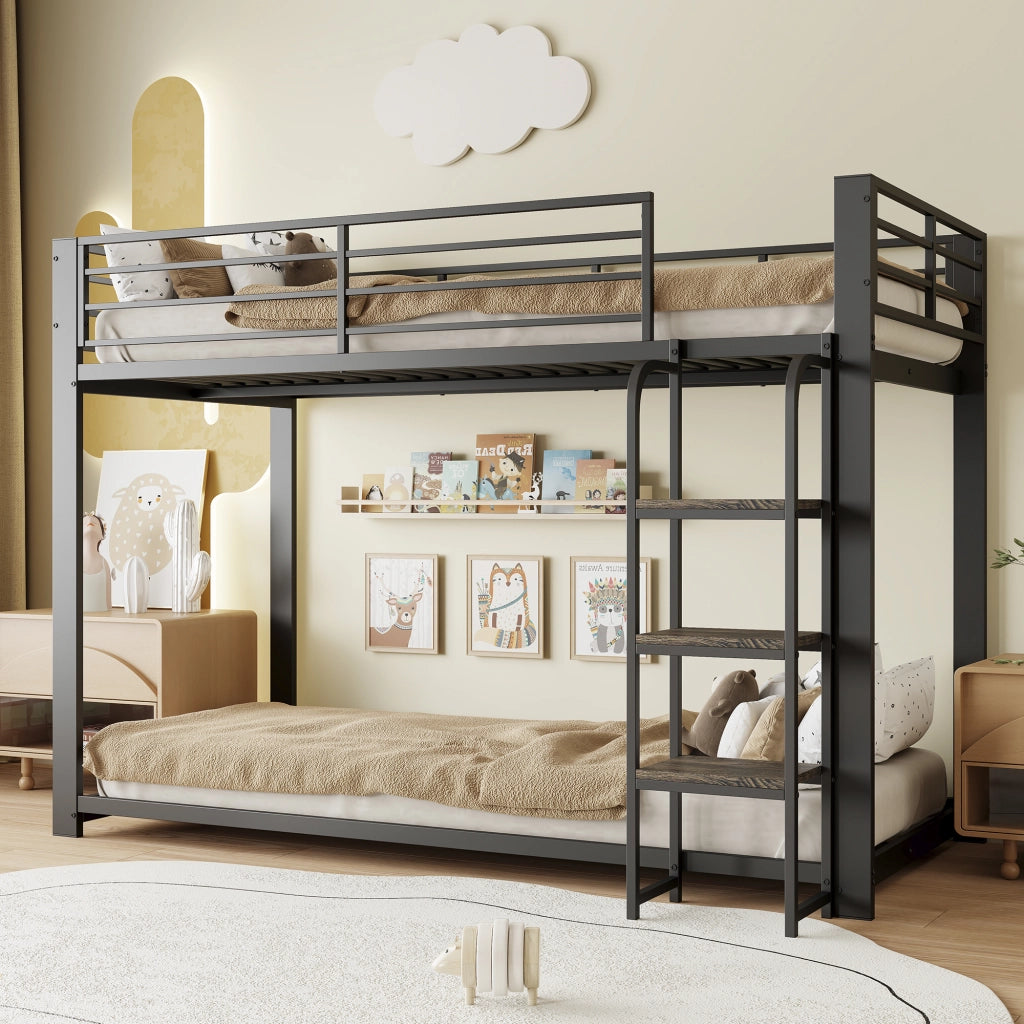 Letto a castello 90 × 200 cm con scale ampie e ripiano, per bambini e ragazzi, senza materasso, nero
