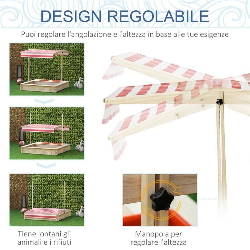 SABBIERA DA CORTILE CON TETTUCCIO REGOLABILE PER BAMBINI 3-8 ANNI 118X118CM