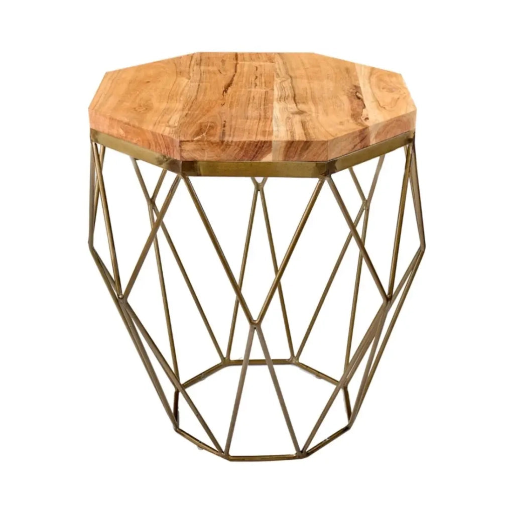 Tavolino basso NEXORA 50 cm aspetto legno di acacia e ferro finitura ottone design geometrico