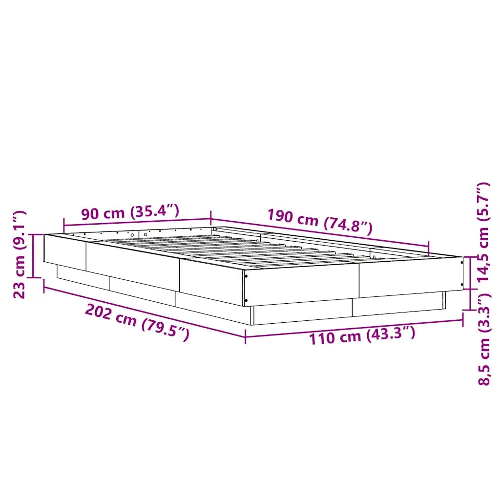 Letto singolo | Letto per adulti | Giroletto Nero 90x190 cm in Legno Multistrato