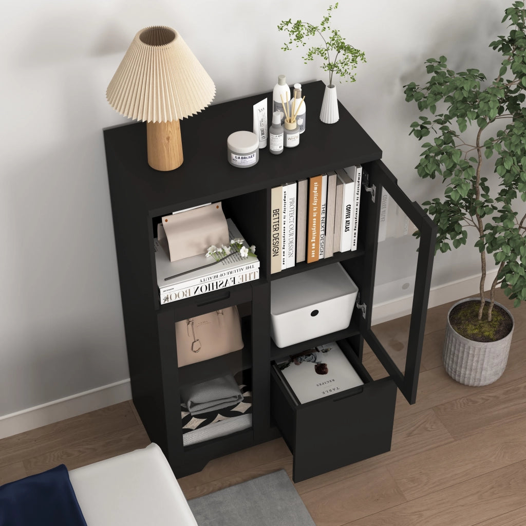 OKWISH Credenza Contenitore con 2 Ante in Vetro, 2 Ripiani Regolabili e 2 Vani Aperti, per Soggiorno, MDF, Nero