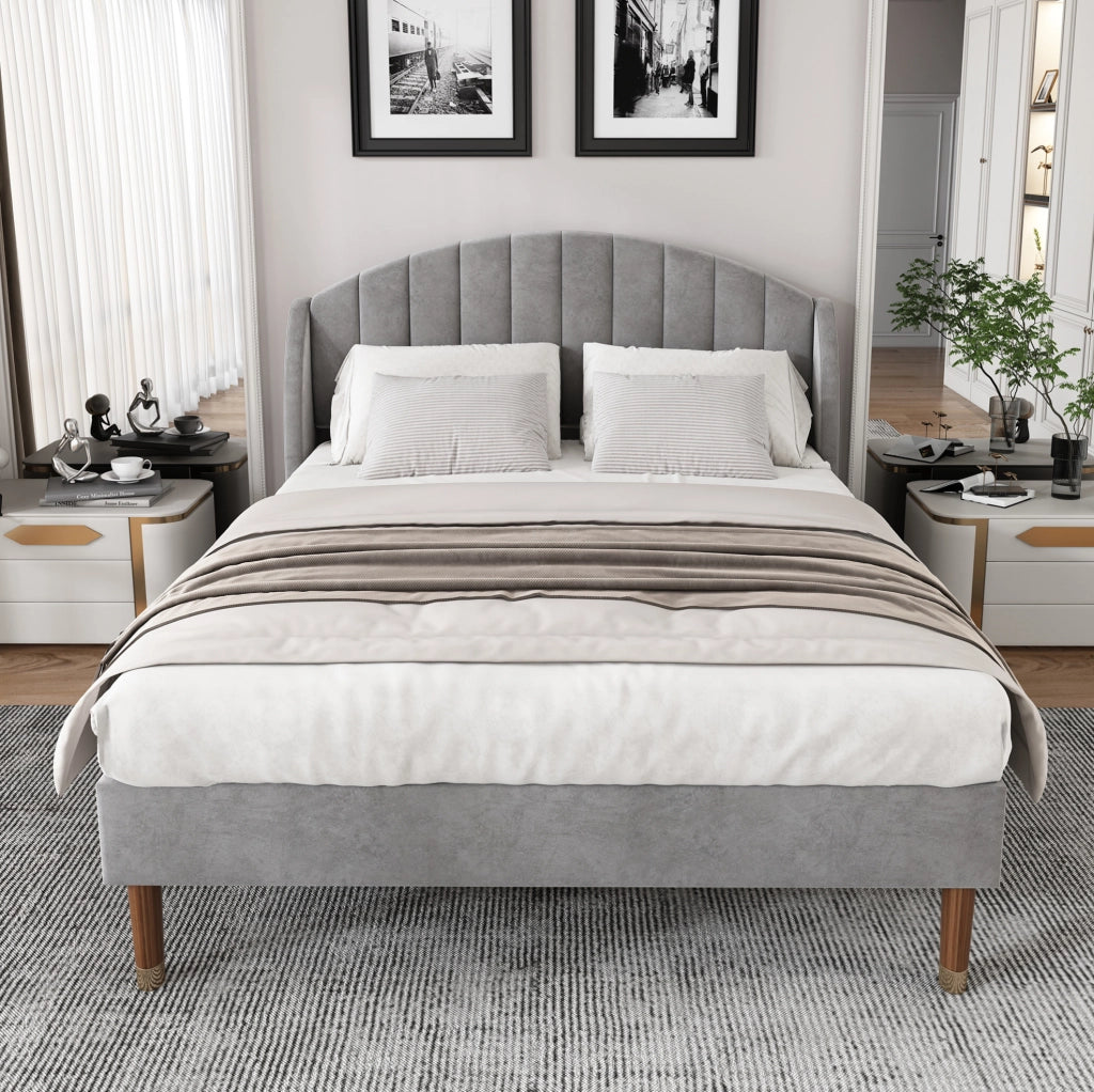 Letto imbottito matrimoniale 160x200 cm in velluto grigio con testiera e rete a doghe