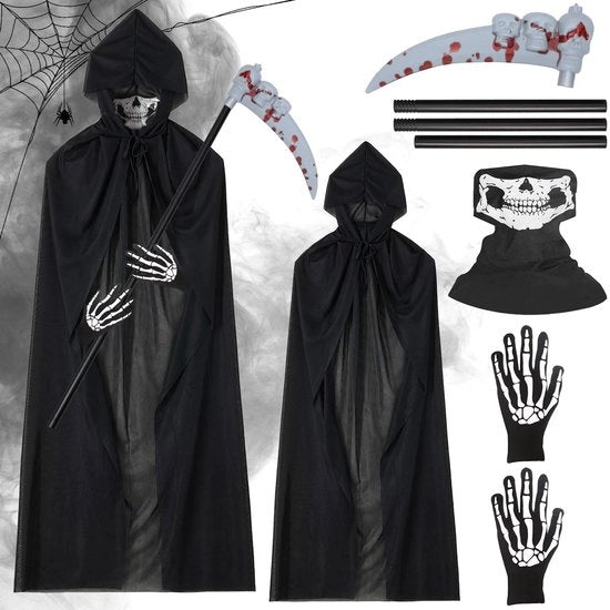 Costume da Halloween - Magro Uomo - Costume del Carnefice - Cappuccio Nero - Guanti di Testa del Morto - Faccia del Morto - Materiale Respirante - Costume Horror