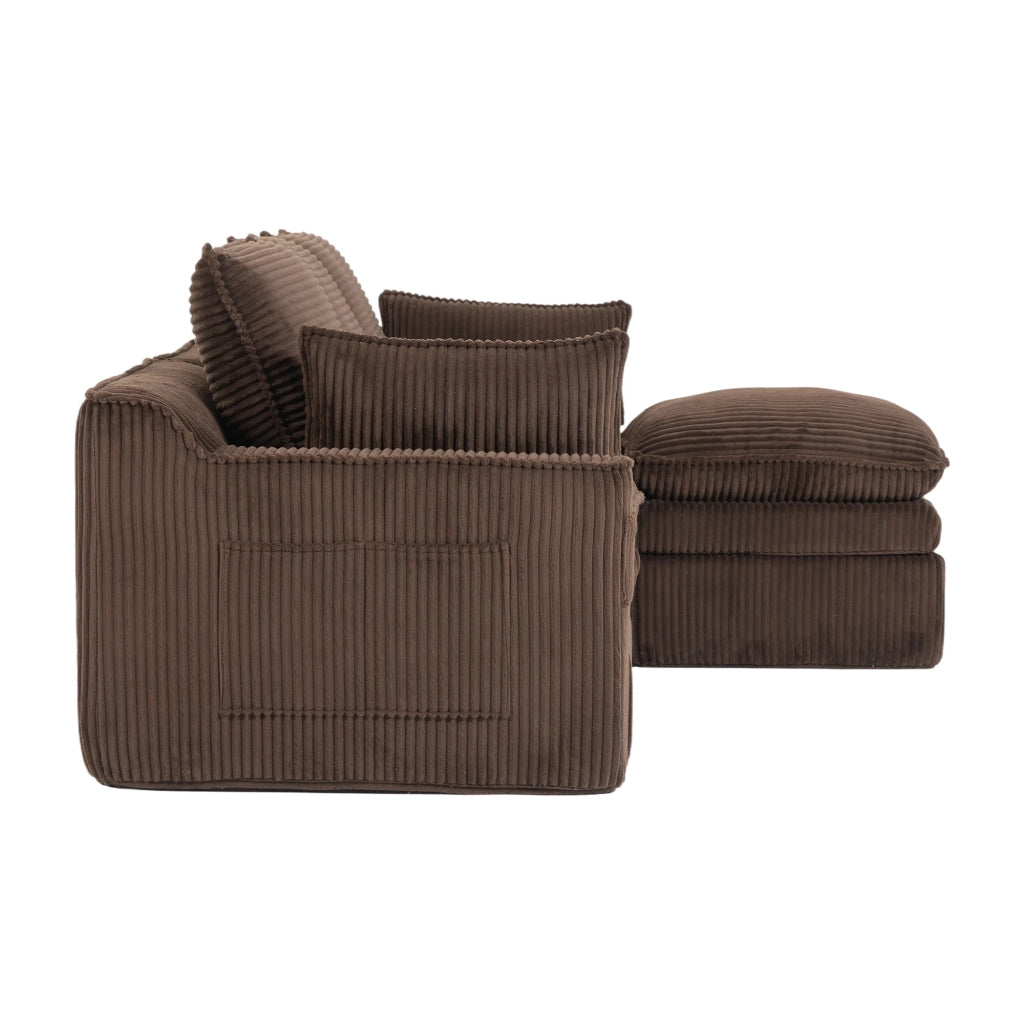 Divano modulare 3 posti in velluto a coste con pouf, tasche laterali, schiuma a 3 strati, marrone
