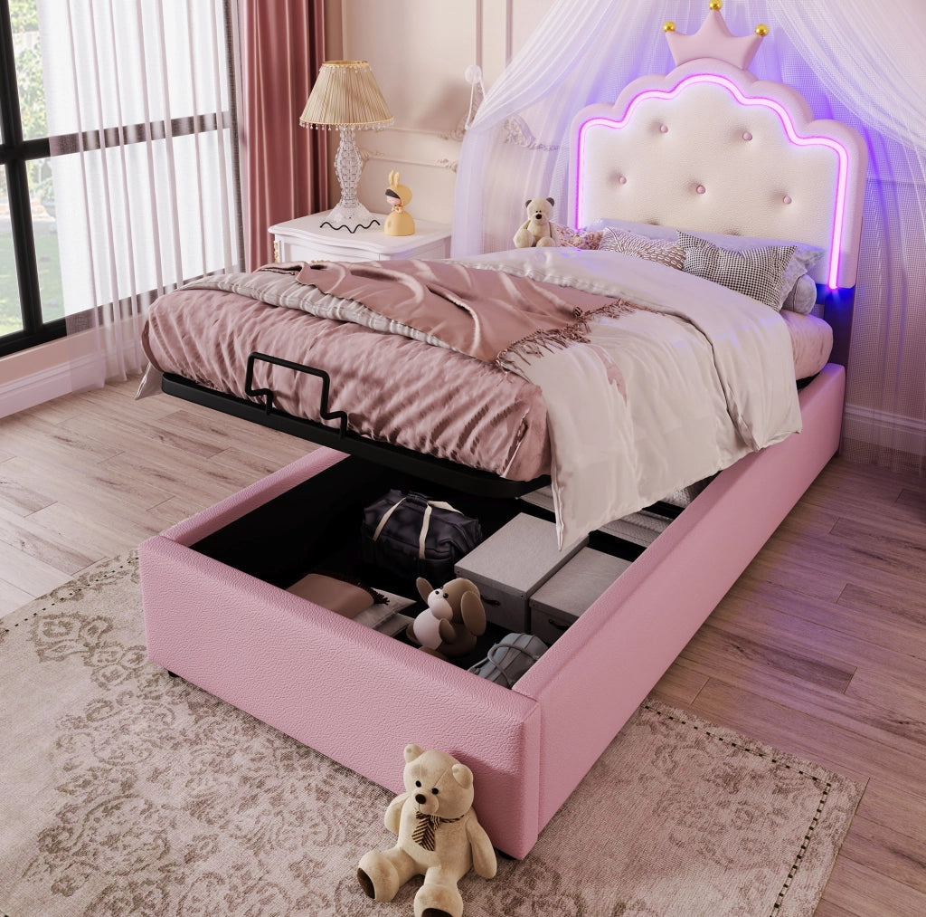 Letto imbottito per bambini rosa 90x200 cm con LED, vano idraulico e rete