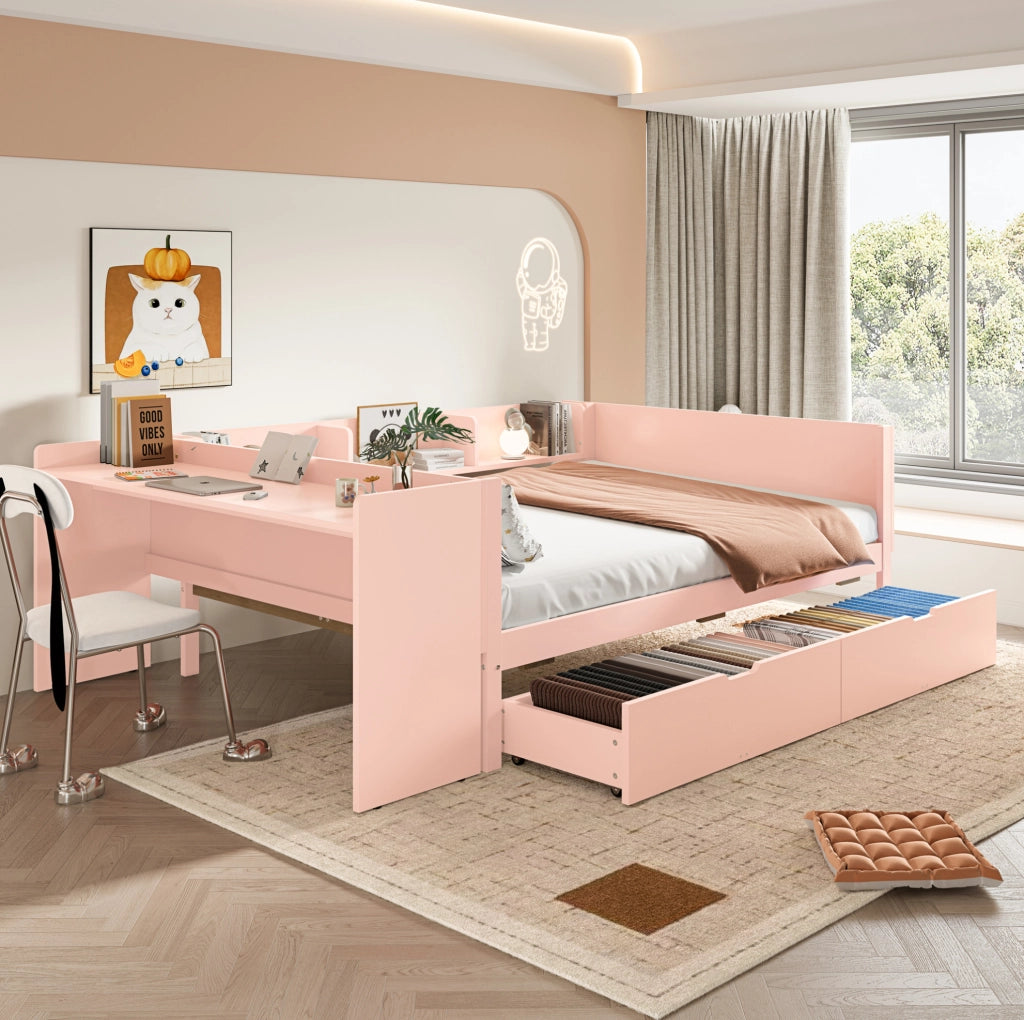 Letto matrimoniale rosa 140x200 cm con scrivania, ripiani e 2 cassetti