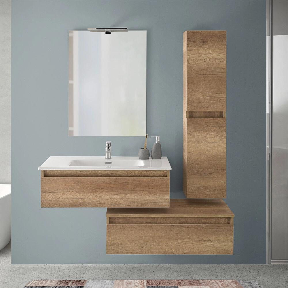 Mobile bagno sospeso 90 cm rovere naturale con lavabo e pensile Nadia