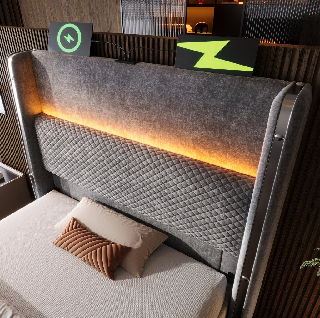 Letto singolo 90x200 cm con contenitore; testiera alta in lino grigio; LED e prese USB Type-C