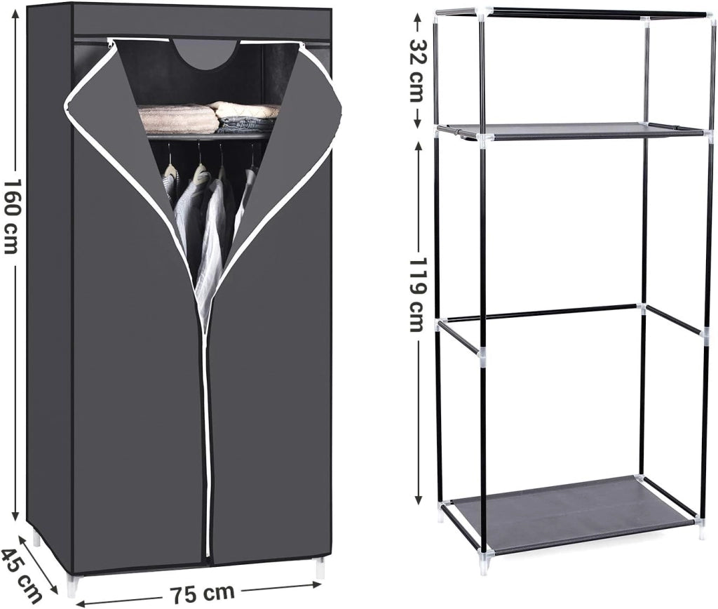 Armadio in tessuto, armadio pieghevole con asta di sospensione, armadio semplice, organizer per giocattoli, scarpe, borse, soggiorno, camera da letto, guardaroba, 75 x 45 x 160 cm, grigio