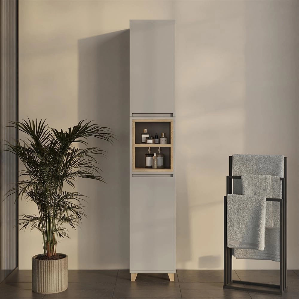 Armadio per il bagno Elnor, Bianco/quercia, 30 x 170 cm con 2 porte