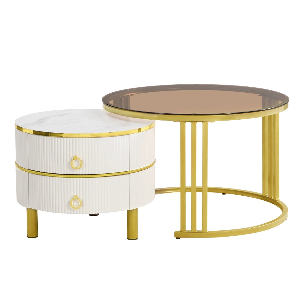 Tavolini bassi impilabili rotondi con 2 cassetti in vetro e MDF bianco per soggiorno