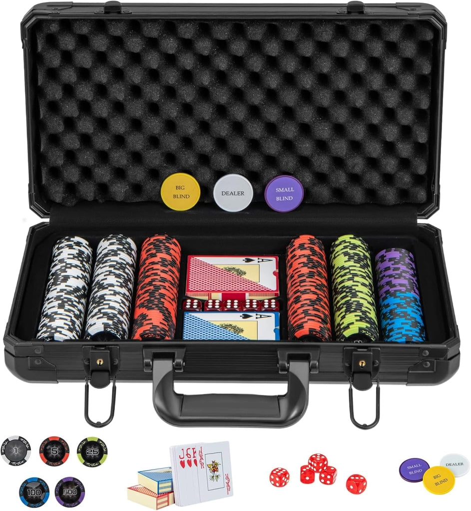 Poker Chips, Set di Fiches da Poker con 500/300 Chips e Custodia in Alluminio, Mazzo di Carte 5 Dadi, Set di Fiches per Party Viaggi e Feste (300 chips)