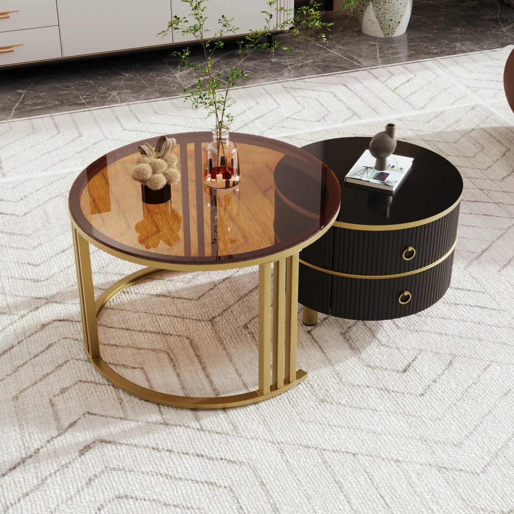 Tavolini da Caffè Rotondi a Nido con 2 Cassetti; Piano Lucido e Vetro Temperato Marrone; Moderno; Nero; 70×70×45 + 50×50×40 cm