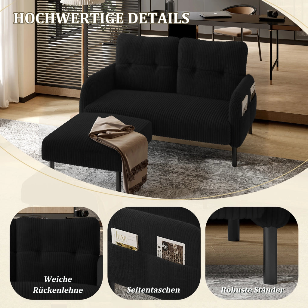 Divano 2 Posti con Schienale Ergonomico e Tasca Laterale, in Velluto a Coste Nero 120 × 75 × 79 cm