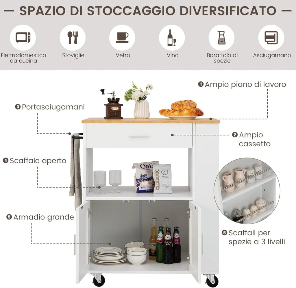 Carrello da Cucina con Ruote, Isola da Cucina con 3 Portaspezie 1 Cassetto Armadietto a 2 Porte, Carrello Portaoggetti con Portasciugamani, 82x46x92 cm (Bianco)