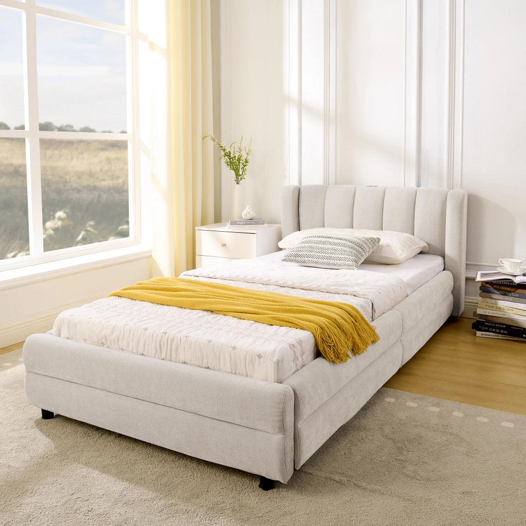 Letto singolo in Chenille beige 90x200 vani laterali USB ergonomico