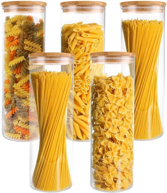 Set di 5 contenitori in vetro con coperchio, 2100ml contenitori in vetro con coperchio, contenitore in vetro a chiusura ermetica per spaghetti, contenitori in vetro con coperchio per spaghetti, pasta, cereali per colazione