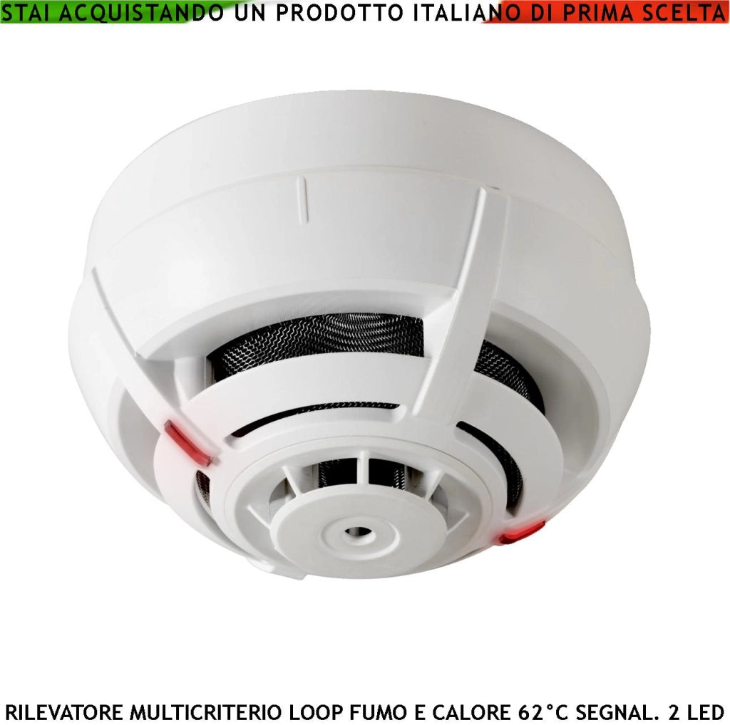 Sensore di Fumo Rilevatore di Temperatura Multicriterio Antincendio Loop 2 Led Uscita OC 14 mA Segnalazione Remota Completo di Base di Fissaggio Morsetti di Collegamento Innesto Indirizzato Segnalato