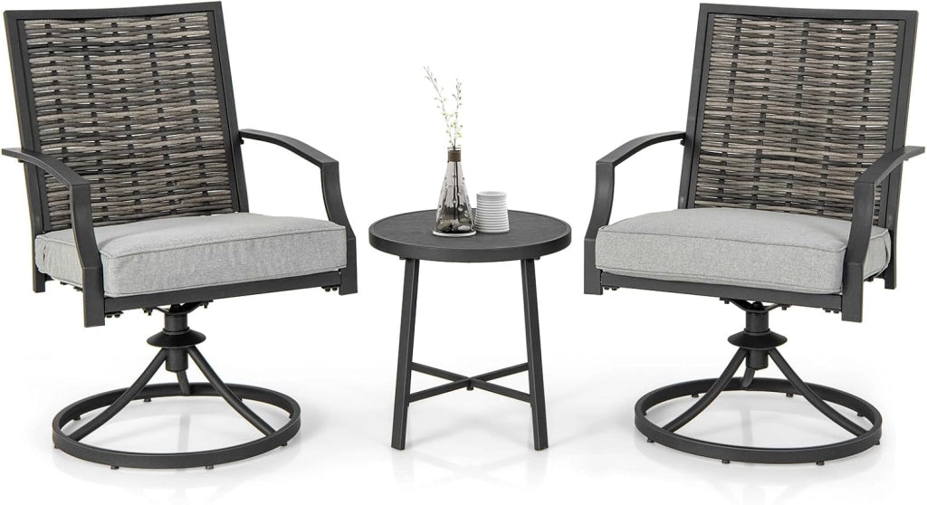 Set da giardino, 3 pezzi, in vimini, per 2 persone, per soggiorno, giardino, con 2 sedie girevoli, 2 cuscini spessi, tavolino, telaio in metallo, set da bistrot per terrazza, giardino, balcone