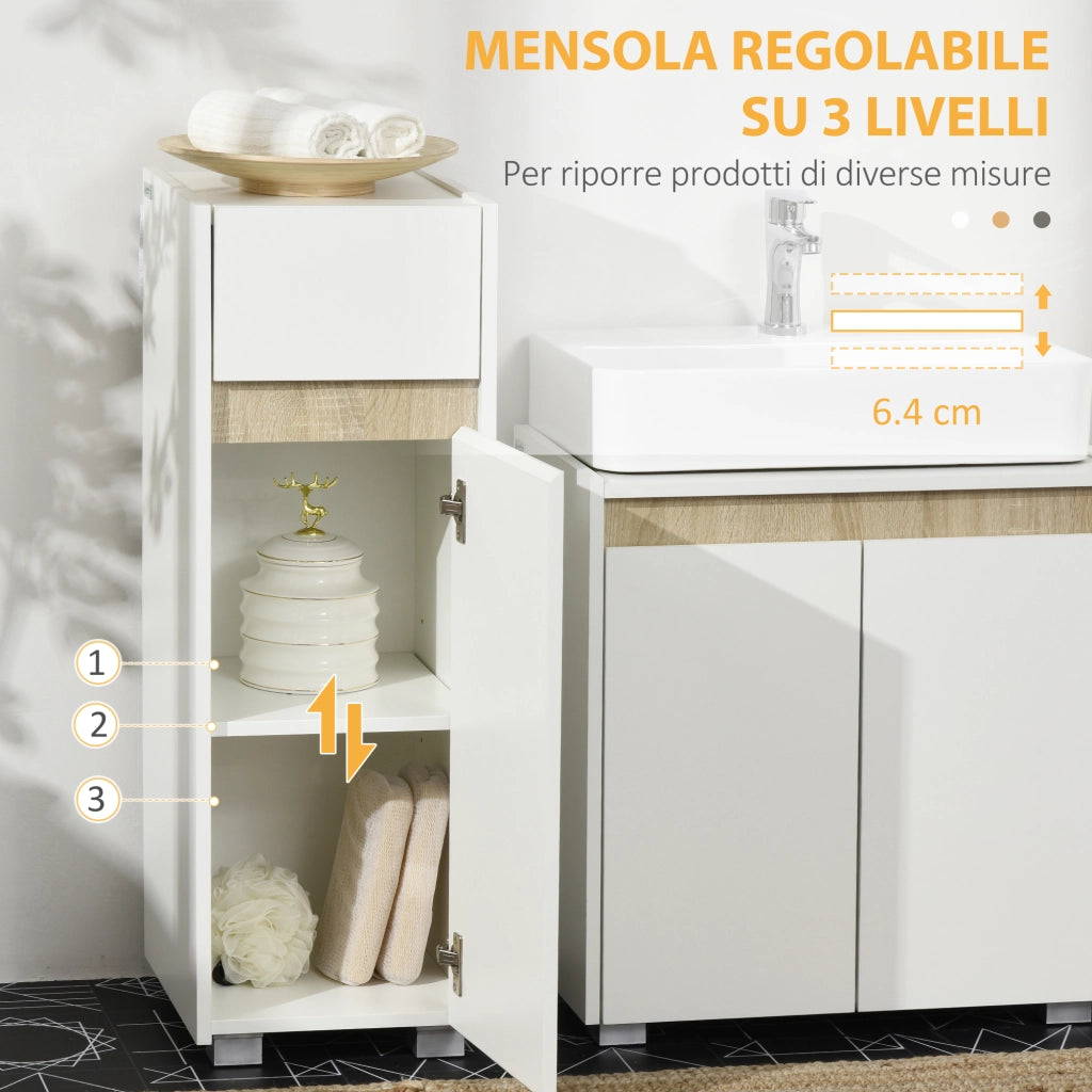 EasyComfort Mobiletto Bagno con Cassetto e Armadietto con Mensola Regolabile in Legno 30x33x88cm, Bianco