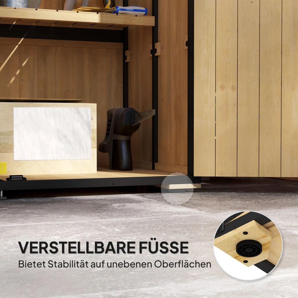 Armadio da giardino in legno e acciaio con tetto in asfalto ¨C zephmum ¨C 2 ripiani, porte bloccabili, colore naturale